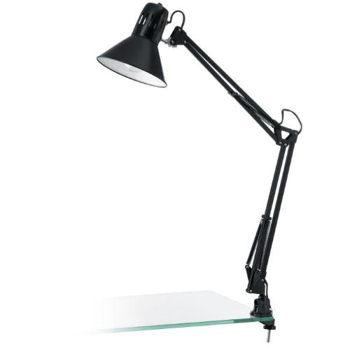 Lampe de table de bureau avec bras articulé orientable, pince et douille E27, coloris noir.