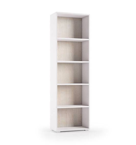 Bibliothèque compacte avec cinq étagères réglables, blanc, fond en chêne