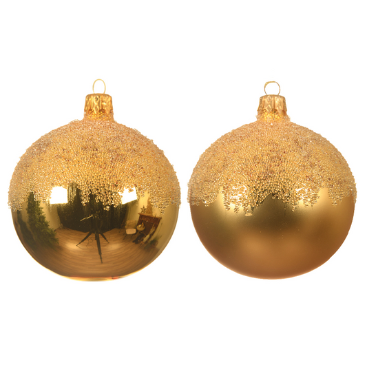 Boule de Noël dorée décorée sur le dessus de paillettes Ø8 cm