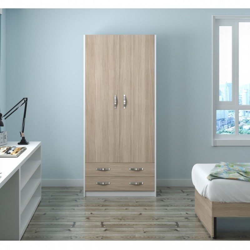 Armoire 2 portes et 2 tiroirs, Façade en orme blanc, 91x52xH 210 cm