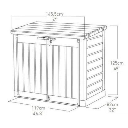 Porte-outils en résine beige avec couvercle verrouillable ouvrant à pistons 145,5x82xh.125 cm