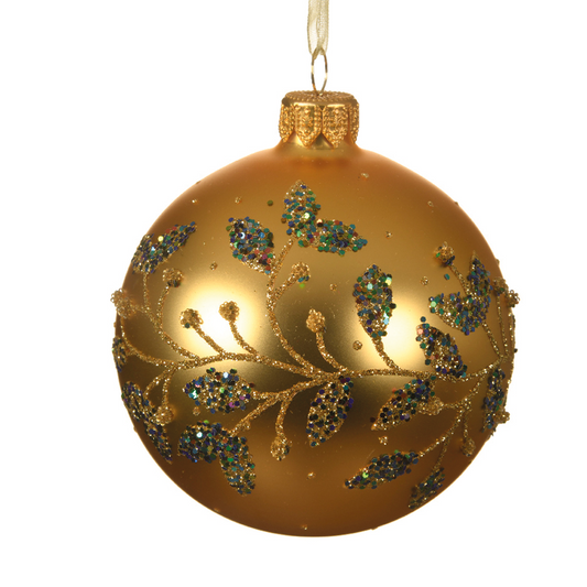 Boule de Noël dorée brillante avec branches et feuilles Ø8 cm