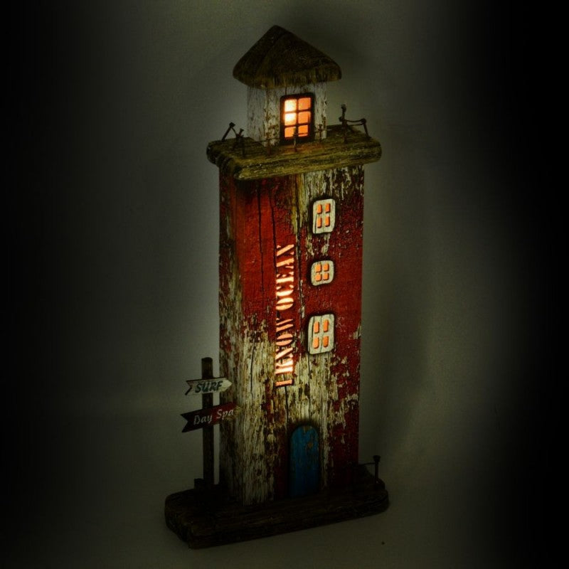 Décoration de mer Phare en bois rouge avec LED 16x6,5x34h cm