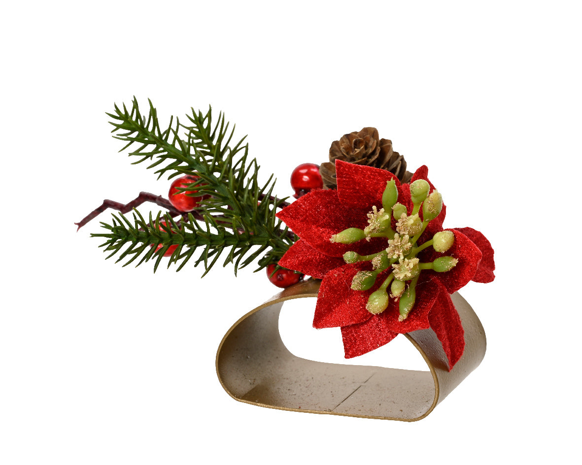 Rond de serviette classique avec pommes de pin, poinsettias et baies L 8 x P 7 x H 10 cm