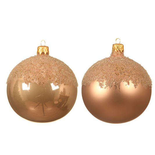 Assortiment de boules de Noël en or rose avec dessus recouvert de paillettes Ø8 cm