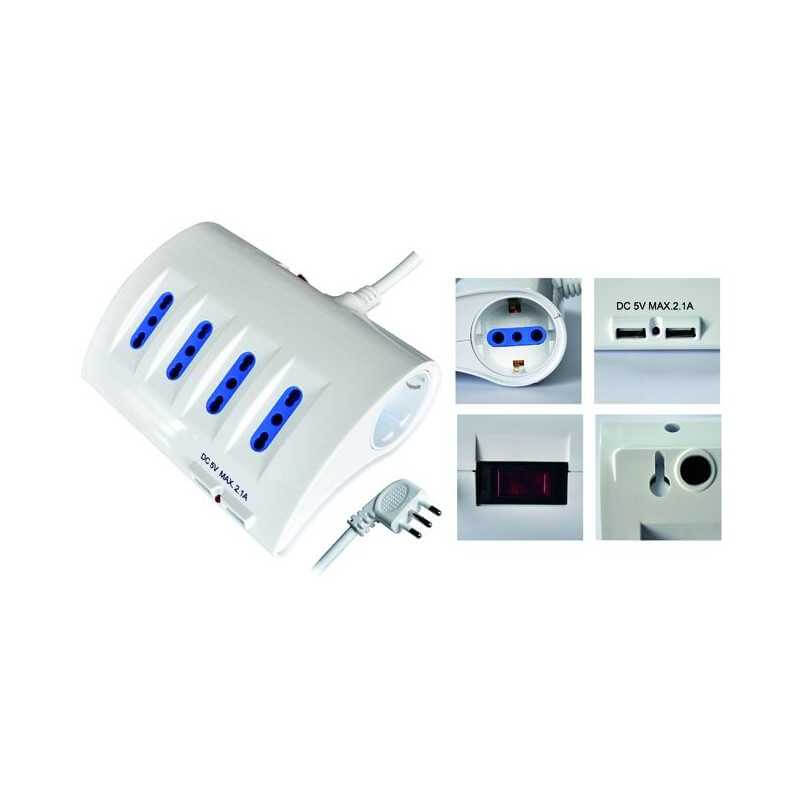 Multiprise avec interrupteur, 8 prises Schuko, bypass et USB, fiche 16A