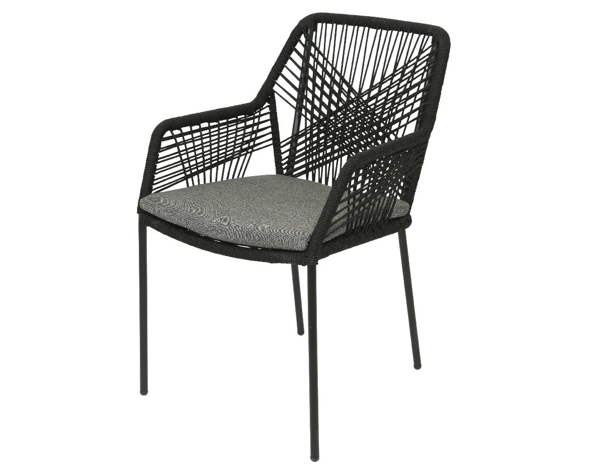 Chaise empilable noire Siviglia en PP avec corde pour l'extérieur avec coussin