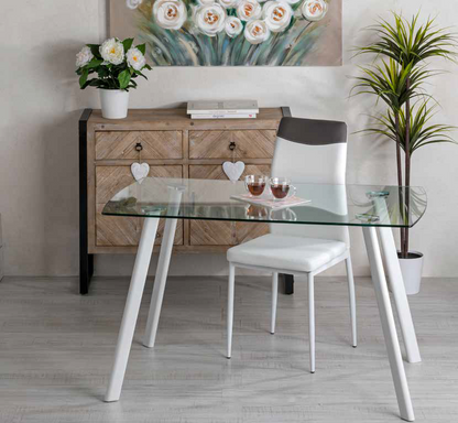 Table fixe Maura Bianco avec plateau en verre et pieds en métal 130x75x76