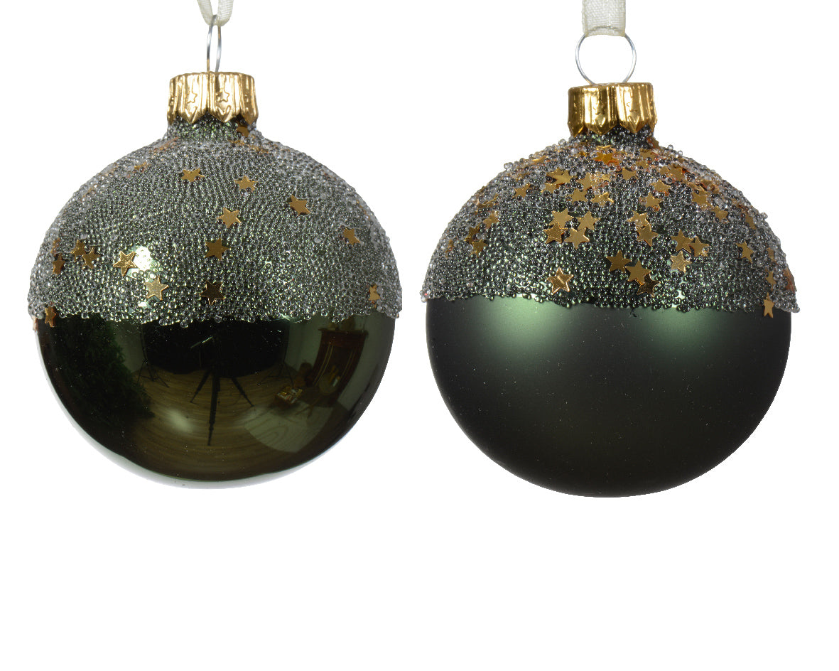 Boule de Noël, globe en verre mat brillant en forme d'étoile avec dessus bicolore, vert sapin, ø 6cm