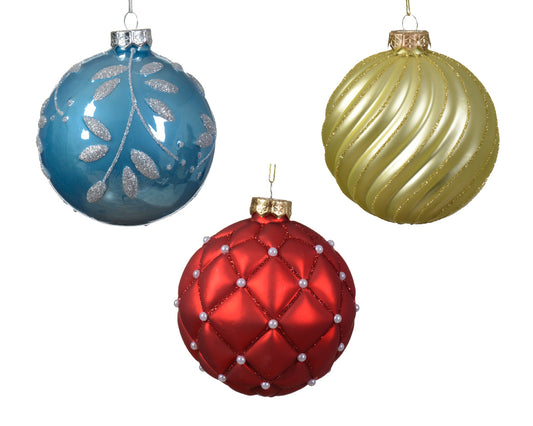 Boule de Noël en verre pour décorations de Noël brillant-mat avec motif de feuilles mélangées bleu sucre/couleur ø 10cm