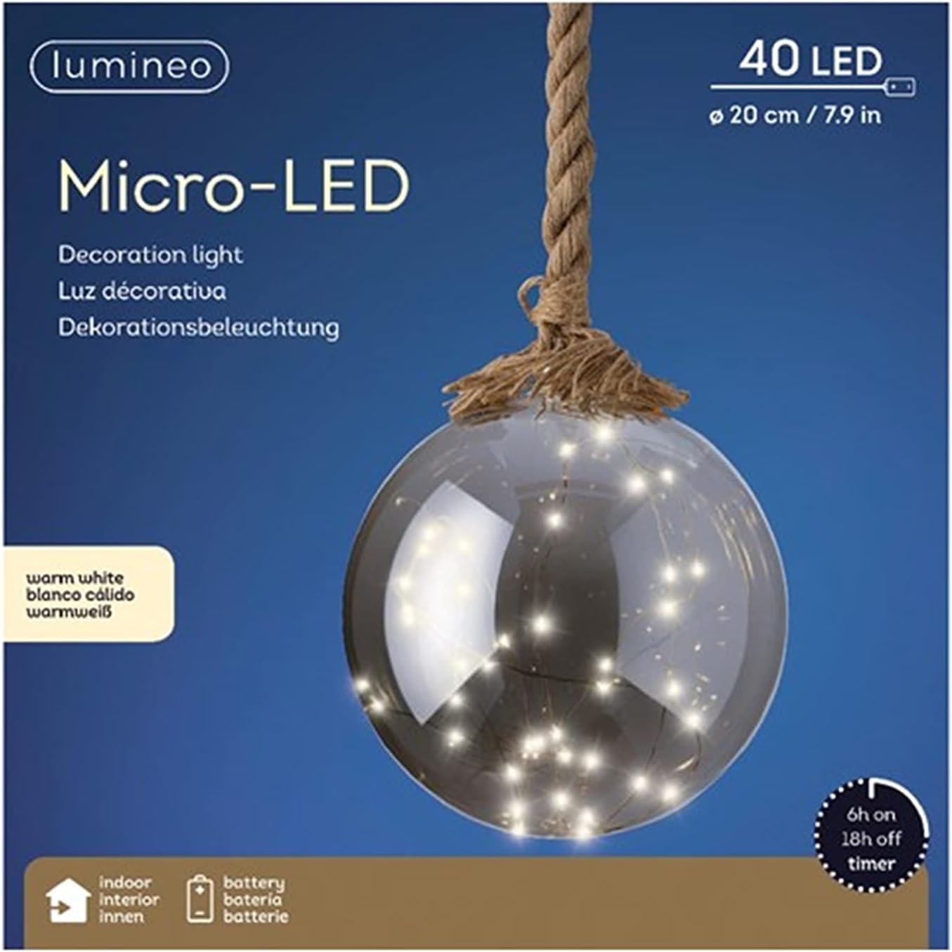 Boule de Noël lumineuse en verre fumé avec micro LED - 20 cm