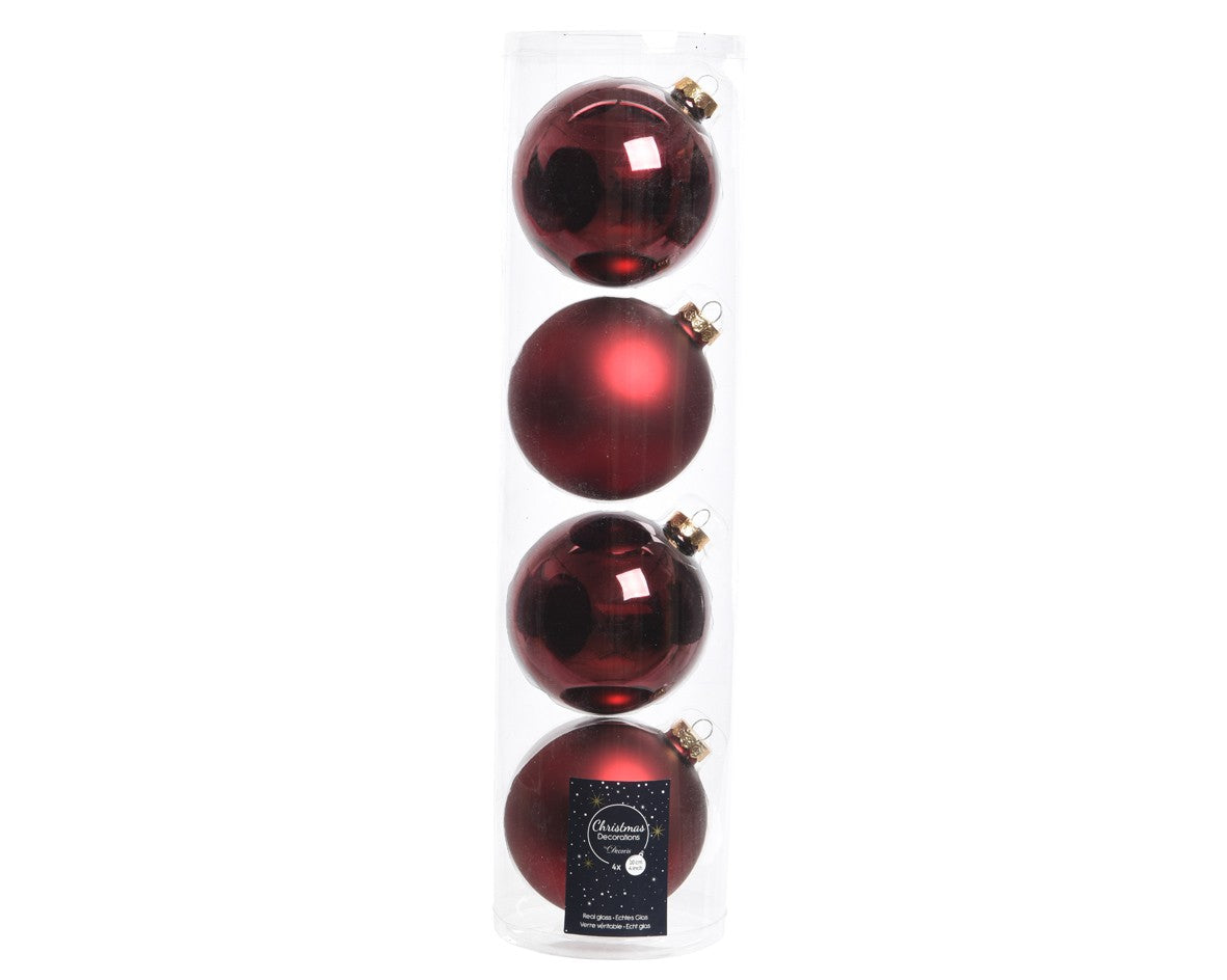 Boite de quatre boules de Noël assorties Rouge Foncé Mat Brillant 10 cm