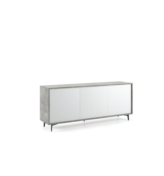 Buffet avec structure en ciment et portes Dama Blanc. Ouverture Push en portes DAMA Blanc Ciment.