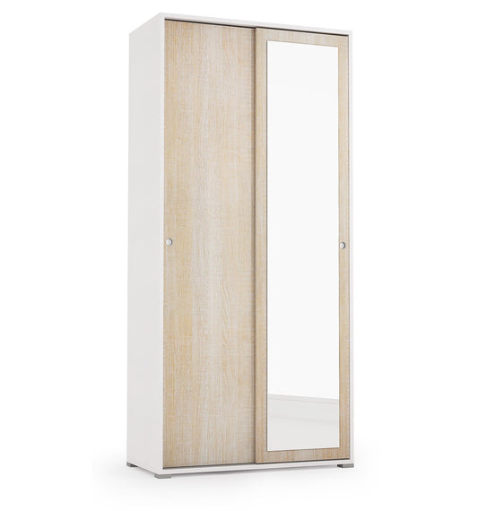 Armoire à portes coulissantes, miroir, deux étagères et tube à linge blanc avec portes en chêne