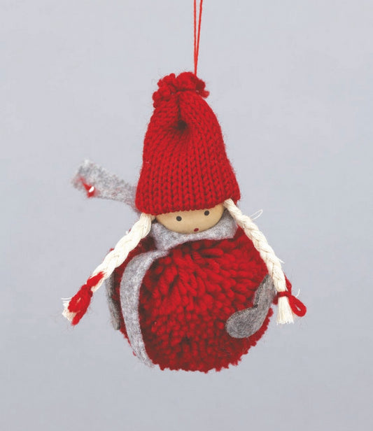 Bébé fille 12 cm corps boule de pompon rouge avec écharpe et gants gris décoration de Noël