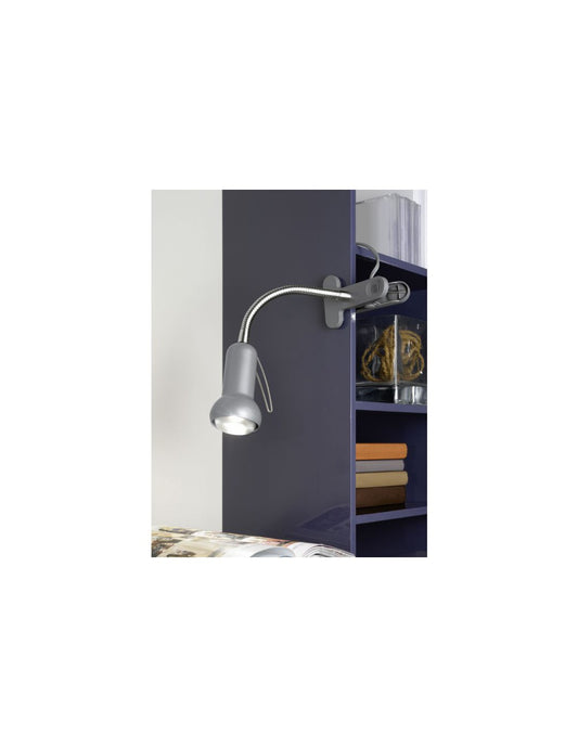 Lampe de bureau avec bras articulé et pince, coloris argent, marque Fabio Eglo.