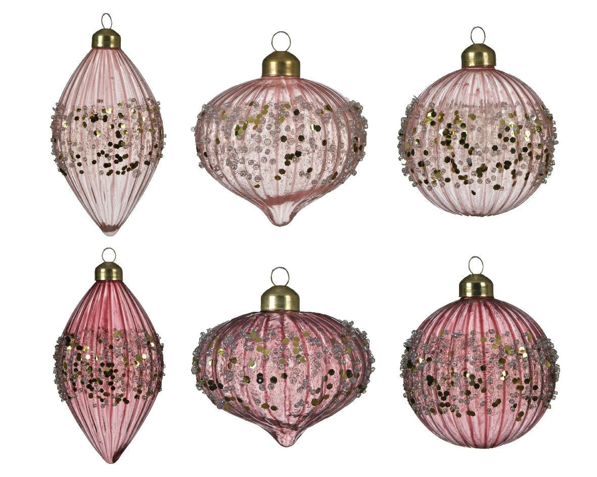 Boule de Noël Decoris Rose Verre Pailleté 8cm Assorti