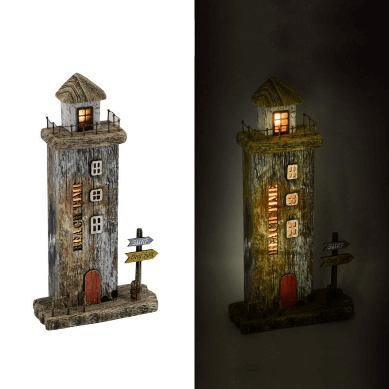 Décoration Mer Phare En Bois Naturel Avec LED Cm16X6,5H29