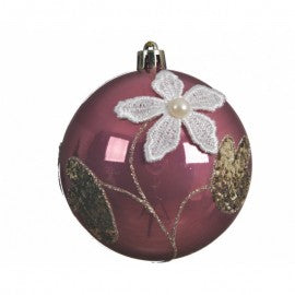 Boule de Noël en verre avec dentelle en Velours Rose 8 cm