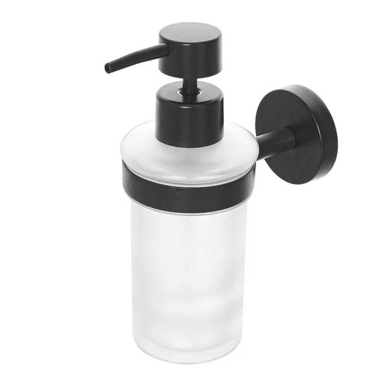 Distributeur de savon liquide rond pour salle de bain, accessoire mural en acier noir mat et verre dépoli, série Chic Black