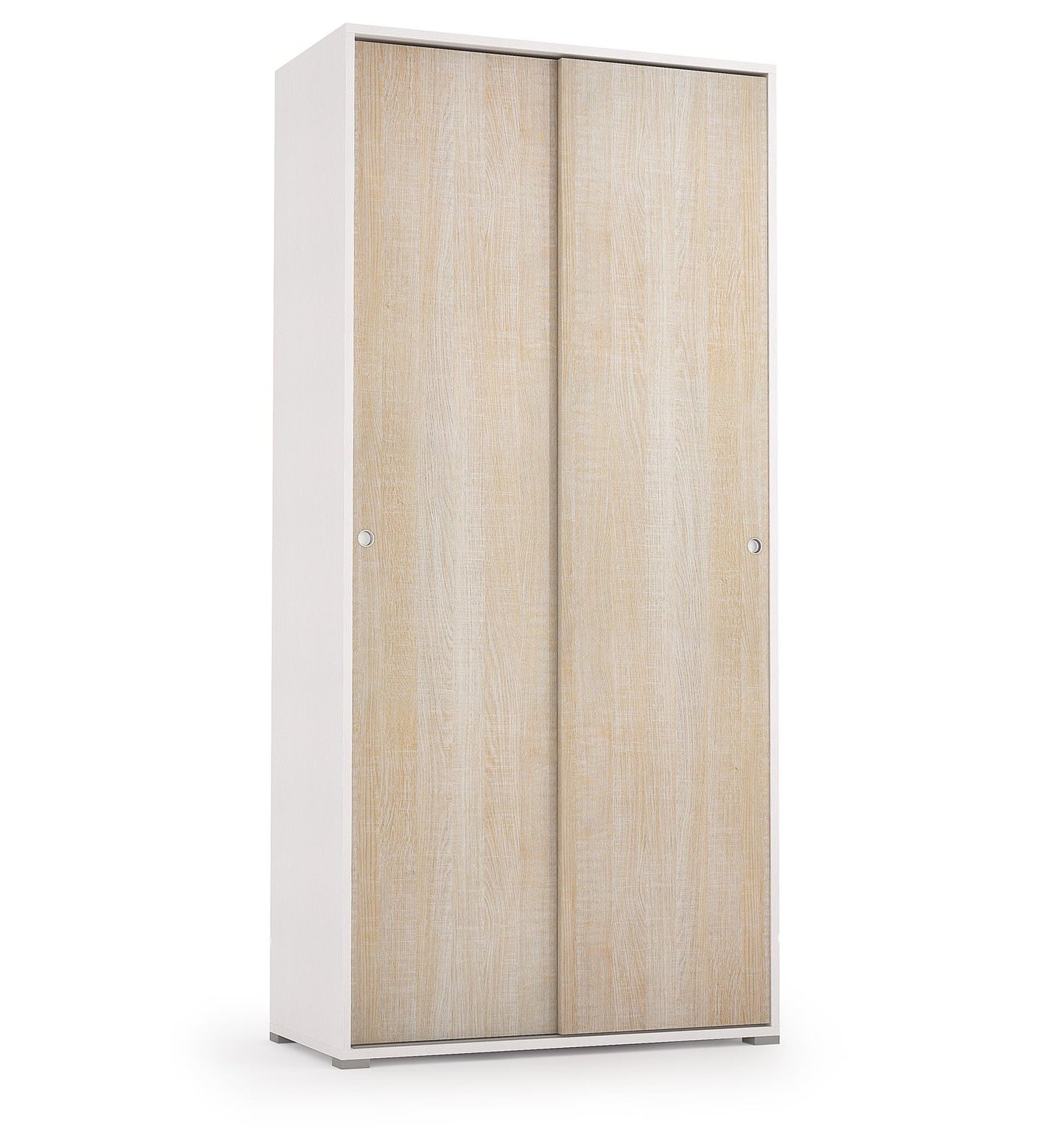 Armoire avec double porte coulissante et quatre étagères réglables, portes en chêne blanc