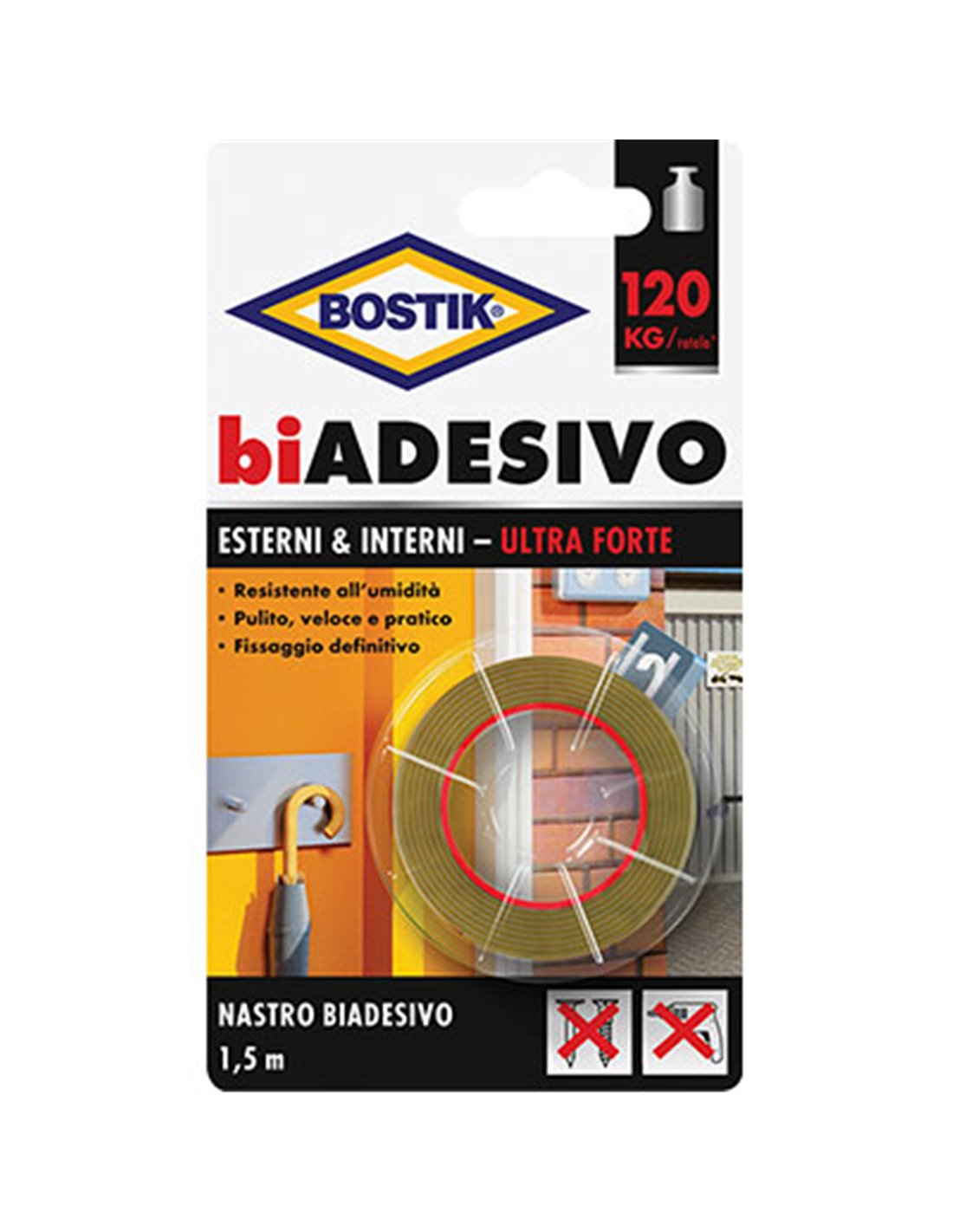 Ruban adhésif double face Bostik pour intérieur et extérieur, largeur 19 mm et longueur 1,5 ml