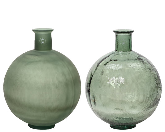 Vase en verre recyclé mat brillant avec nervures en 2 coloris assortis H 44 Ø 34 cm