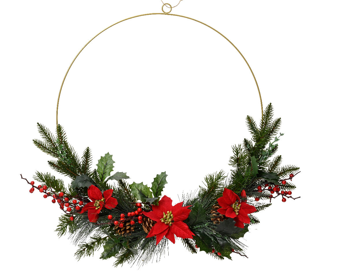 Couronne de Noël classique avec pommes de pin, poinsettias et baies pour l'intérieur H 10 x Ø 60 cm