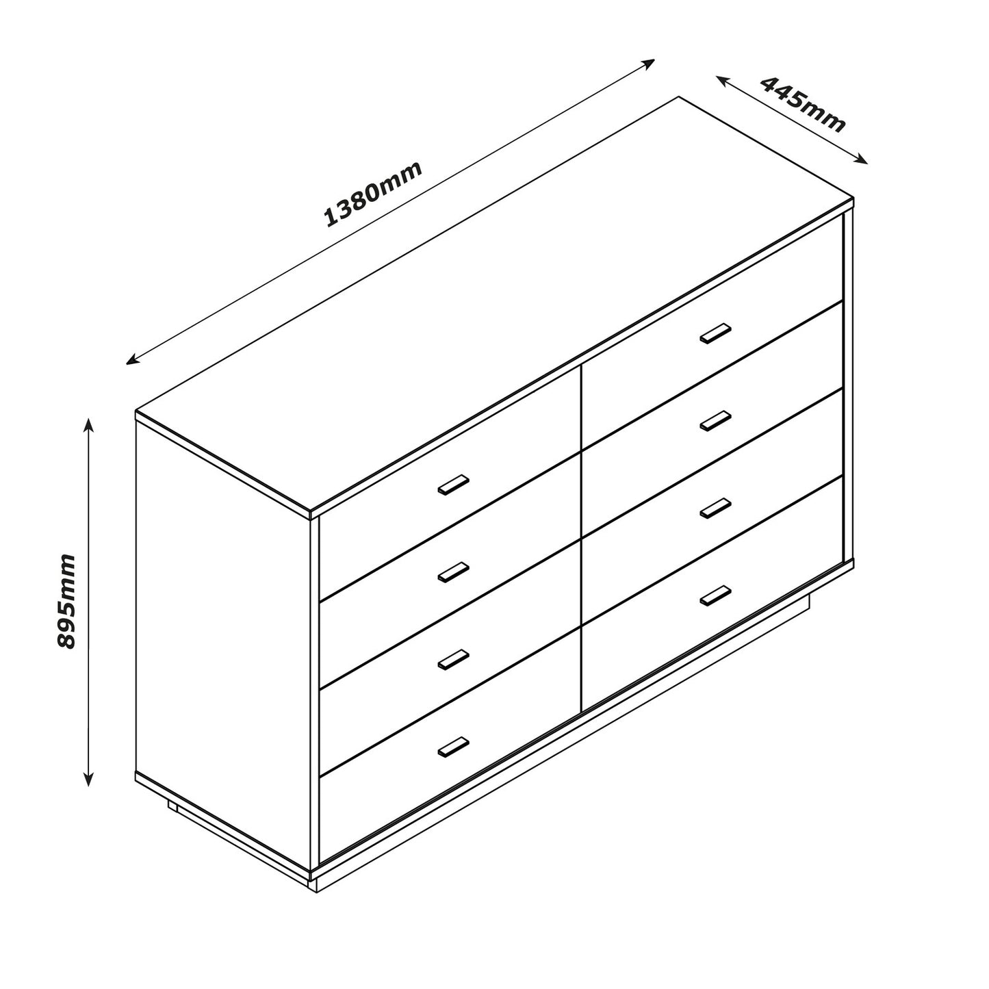 Commode élégante avec 8 tiroirs - Noyer/Gris - 138x89,50x44,40 cm