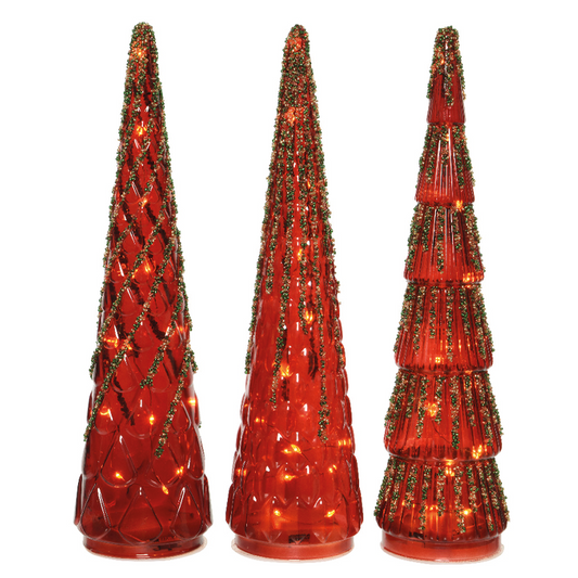 Mini sapins en verre rouge H35 cm avec 15 LEDs assorties