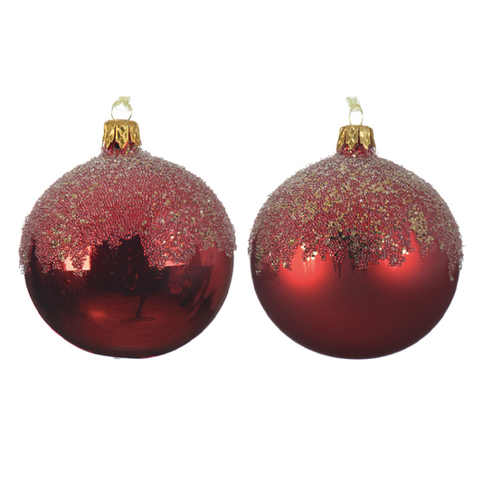 Boule de Noël rouge décorée de paillettes sur le dessus, Ø8 cm