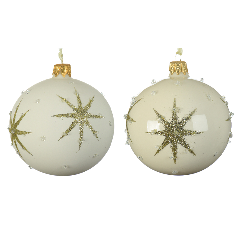 Boule de Noël assortie blanc crème avec étoile en relief Ø 8 cm