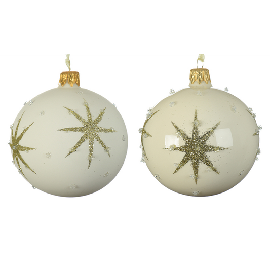 Boule de Noël assortie blanc crème avec étoile en relief Ø 8 cm