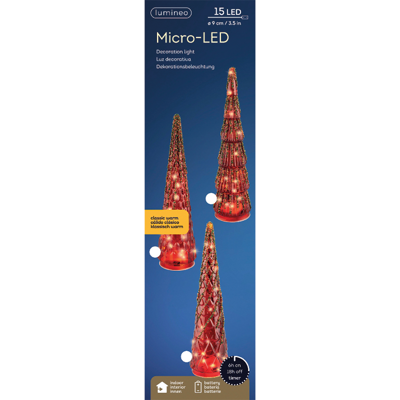 Mini sapins en verre rouge H35 cm avec 15 LEDs assorties