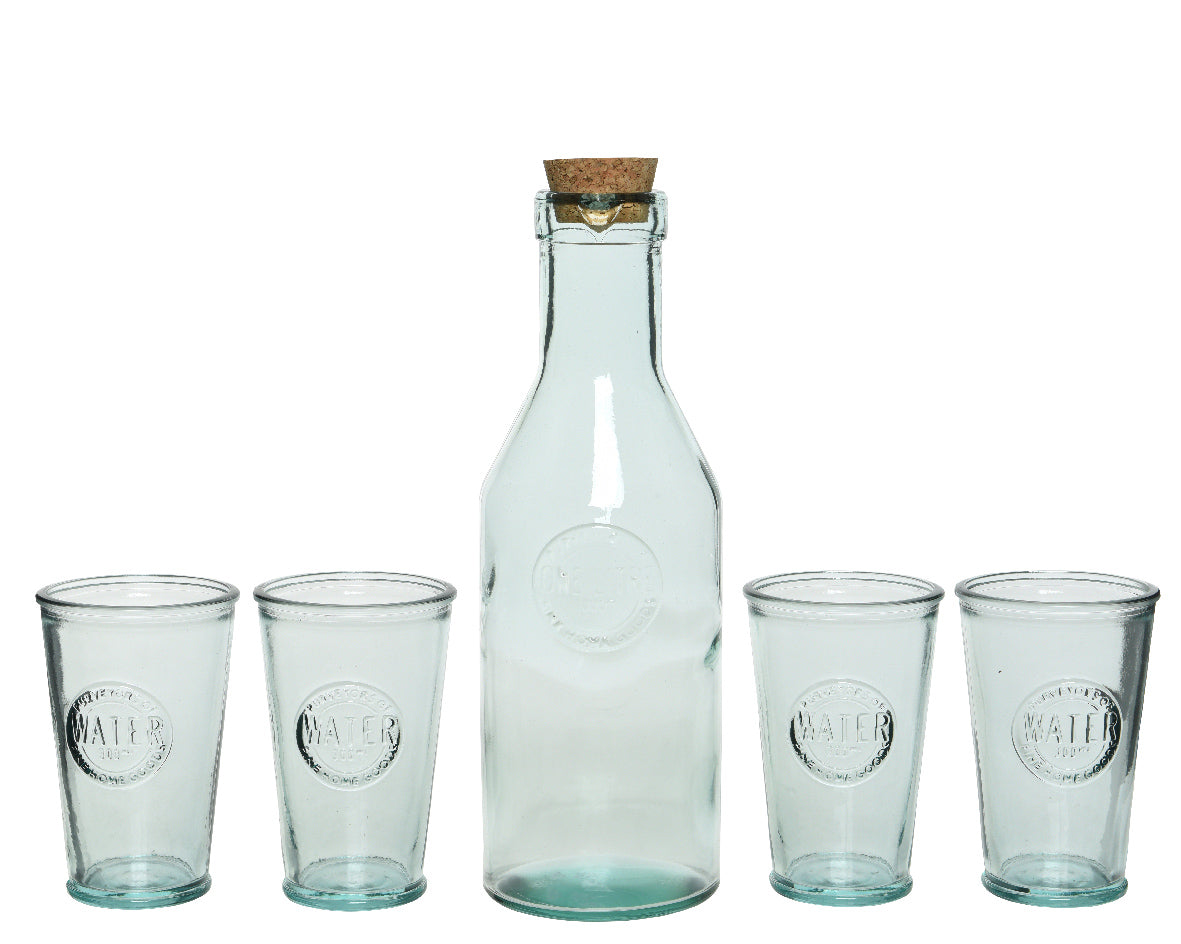 Ensemble de 5 carafes à eau avec couvercle en liège et 4 verres en verre transparent recyclé