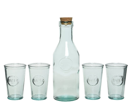 Ensemble de 5 carafes à eau avec couvercle en liège et 4 verres en verre transparent recyclé