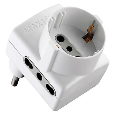 Prise adaptateur triple « gain de place » : 2X2P + E 16A Bipass Schuko. 1X2P+T Schuko