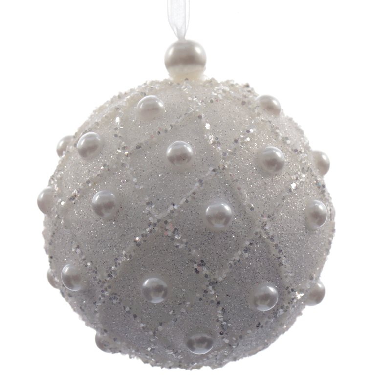 Boule de Noël blanche avec perles Ø8 cm