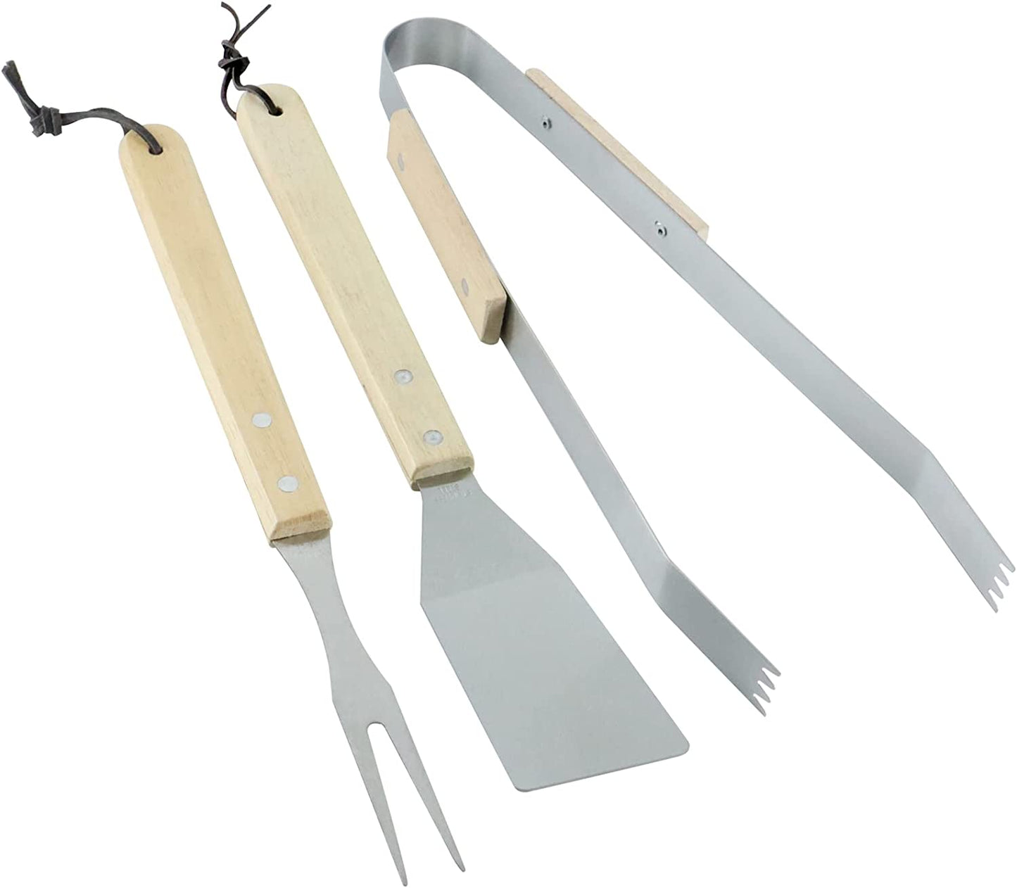 Set de 3 Ustensiles de Barbecue en Acier et Bois - Spatule, Pince et Fourchette - Dimensions 35 x 6,8 x 1,5 cm, 35 x 9,5 x 2,5 cm, 35 x 2,2 x 1,5 cm