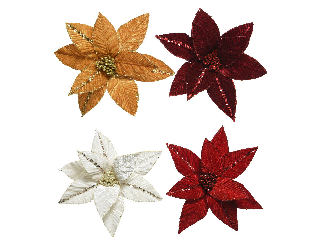 Poinsettia sur pince polyester avec ficelles en velours 4 couleurs assorties 5 x 32 cm