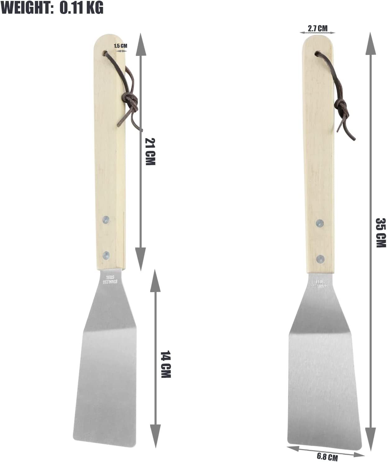 Set de 3 Ustensiles de Barbecue en Acier et Bois - Spatule, Pince et Fourchette - Dimensions 35 x 6,8 x 1,5 cm, 35 x 9,5 x 2,5 cm, 35 x 2,2 x 1,5 cm