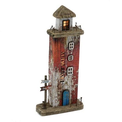 Décoration de mer Phare en bois rouge avec LED 16x6,5x34h cm