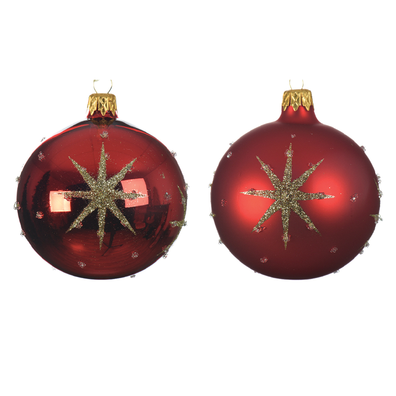 Boule de Noël de couleur rouge assortie avec étoile en relief Ø 8 cm