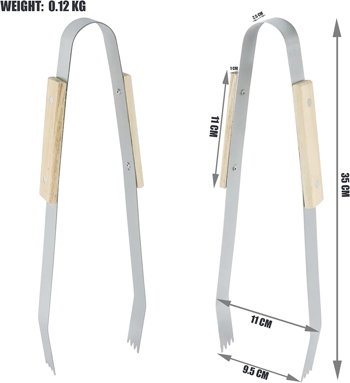 Set de 3 Ustensiles de Barbecue en Acier et Bois - Spatule, Pince et Fourchette - Dimensions 35 x 6,8 x 1,5 cm, 35 x 9,5 x 2,5 cm, 35 x 2,2 x 1,5 cm