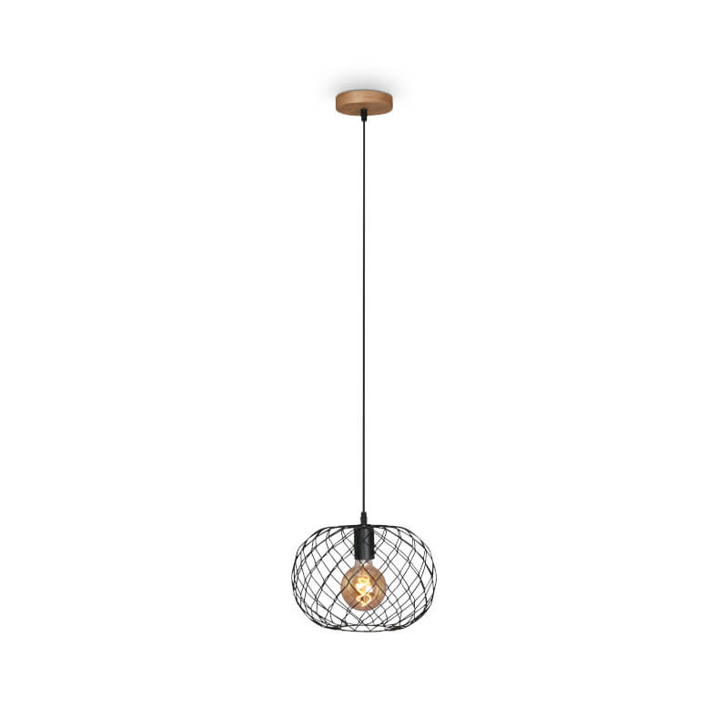 Lampe à suspension Ø 30 cm, 40 W, noir et bois