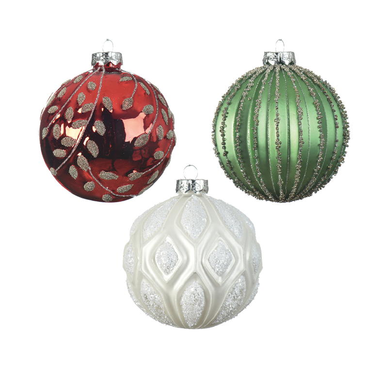 Boules de Noël assorties rouge - vert - blanc Ø10 cm