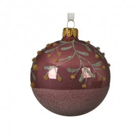 Boule de Noël en verre velours rose avec branche de baies 8 cm