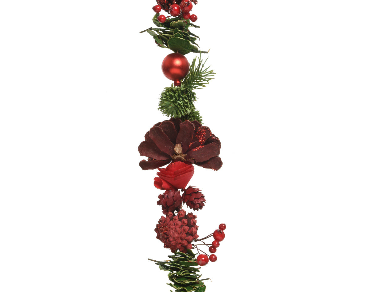 Couronne de Noël avec pommes de pin, baies en mousse, boules en plastique, fleurs en bois et paillettes, 140 cm