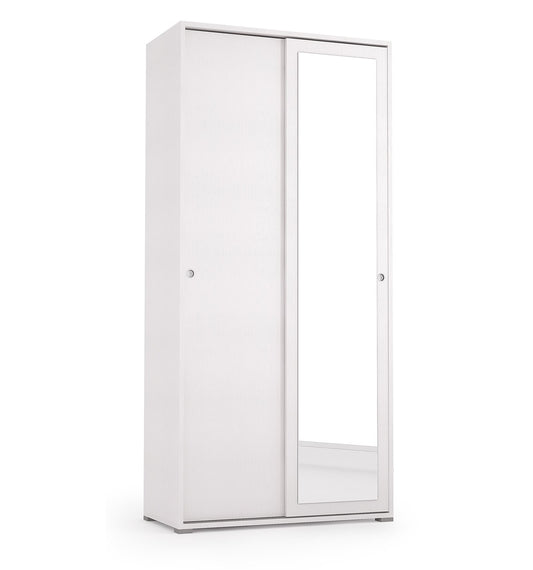 Armoire avec portes coulissantes, miroir, deux étagères et tube à linge blanc avec portes blanches