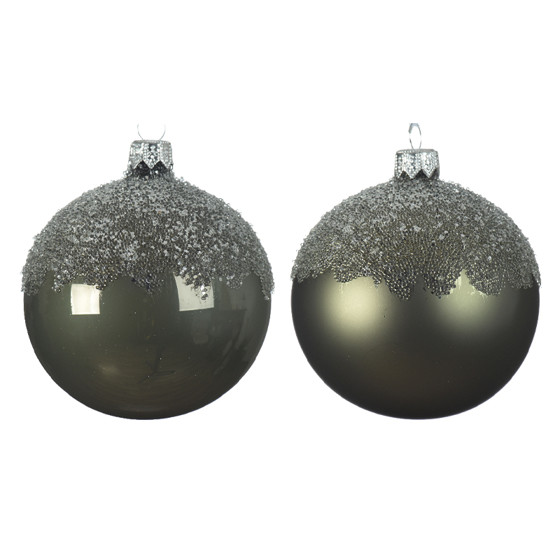 Assortiment de boules de Noël vert mousse avec dessus recouvert de paillettes Ø8 cm